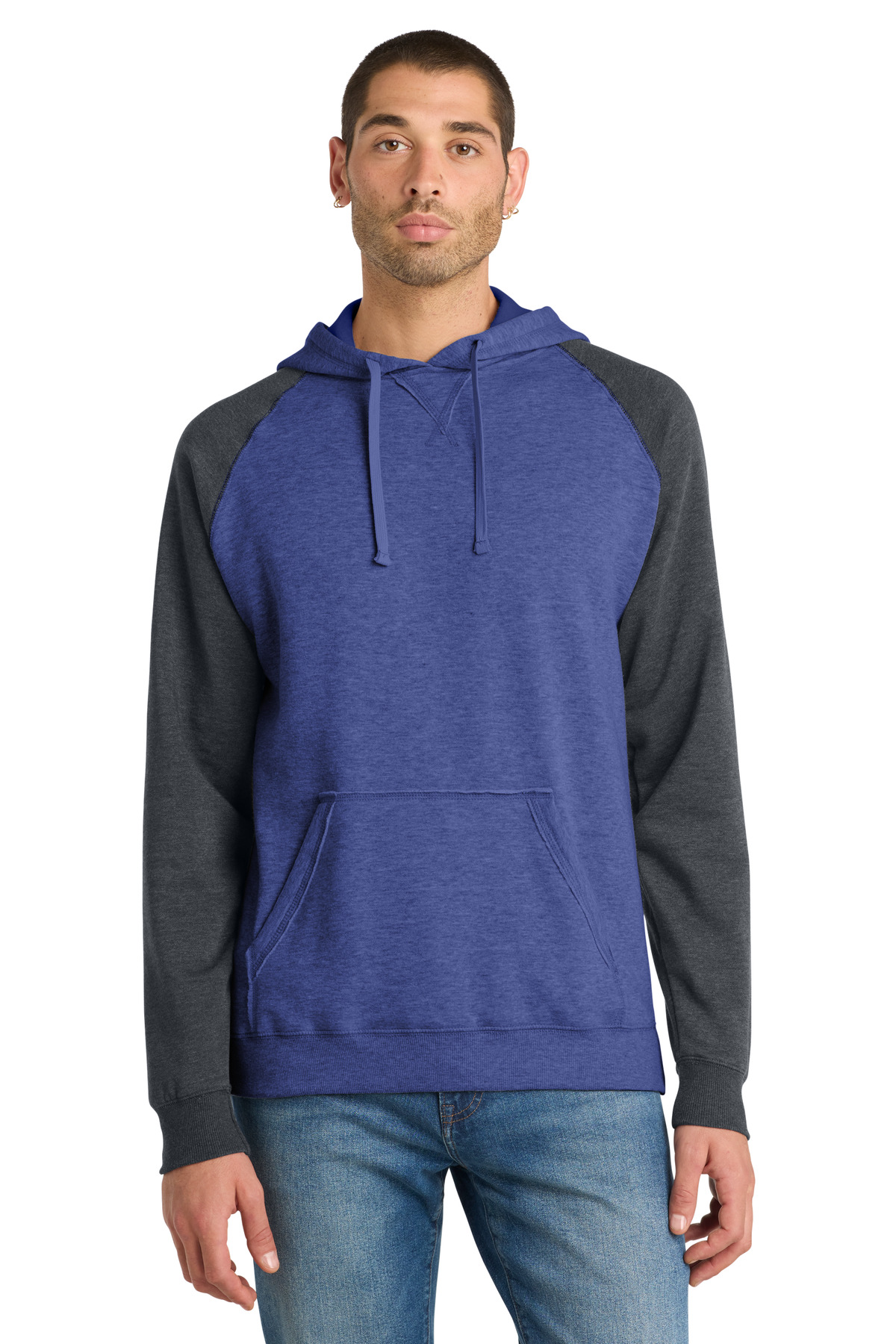 District Young Mens Lightweight Fleece Raglan Hoodie.  DT196