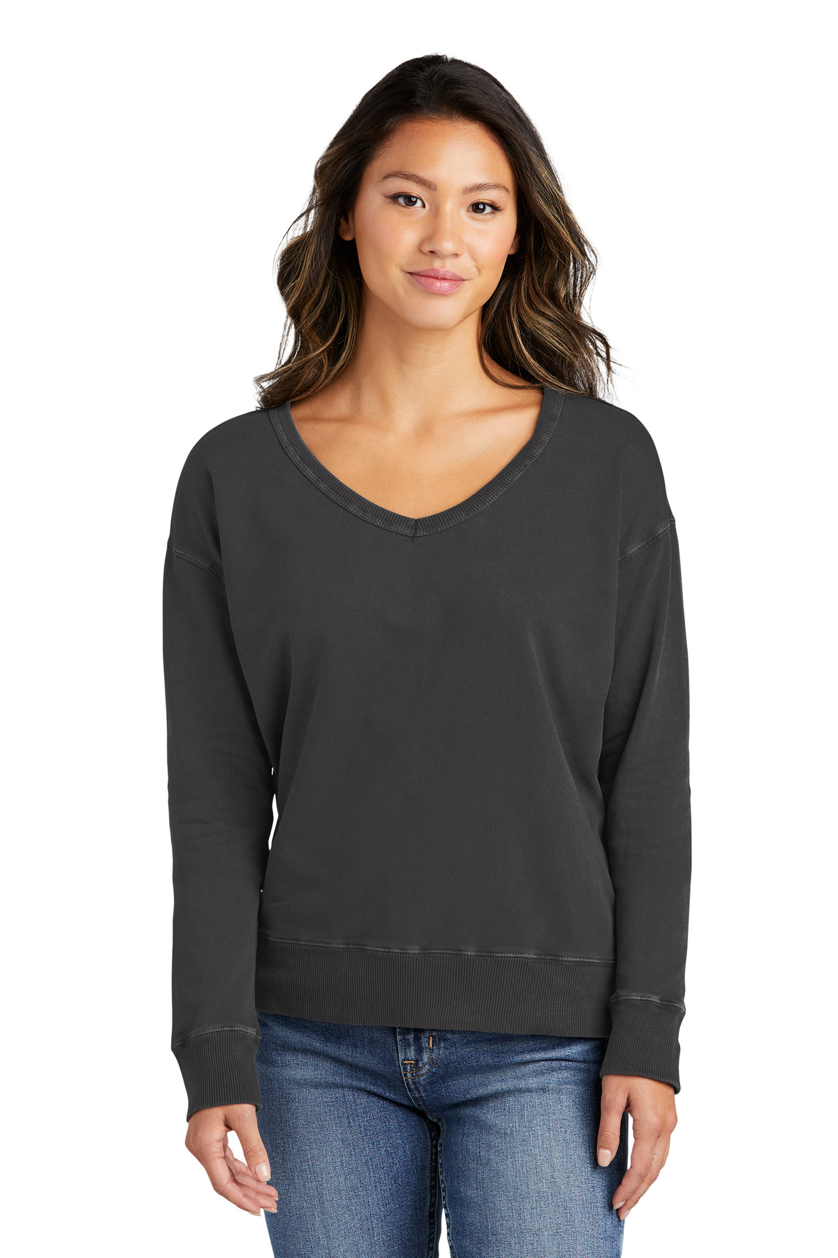 Port & Co Womens Beach Wash Garment-Dyed V-Neck Sweatshirt LPC098V