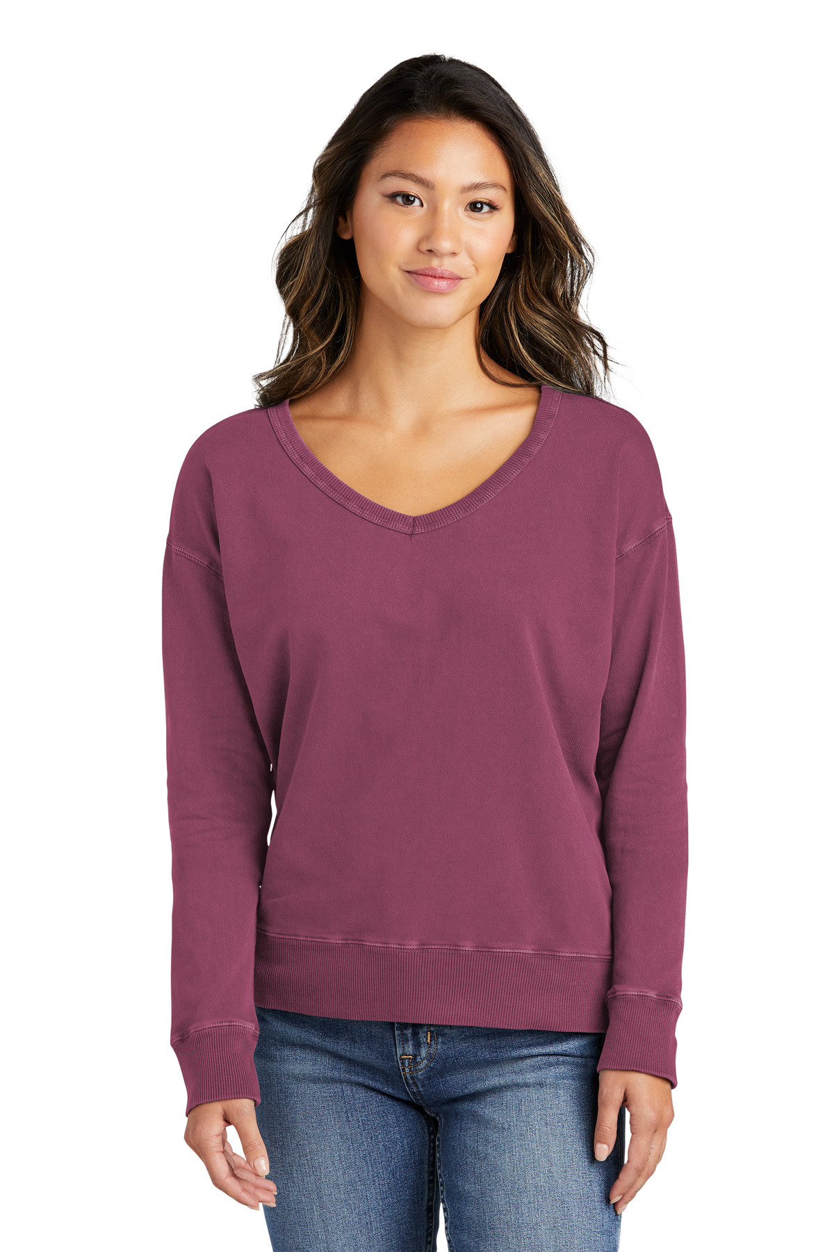 Port & Co Womens Beach Wash Garment-Dyed V-Neck Sweatshirt LPC098V